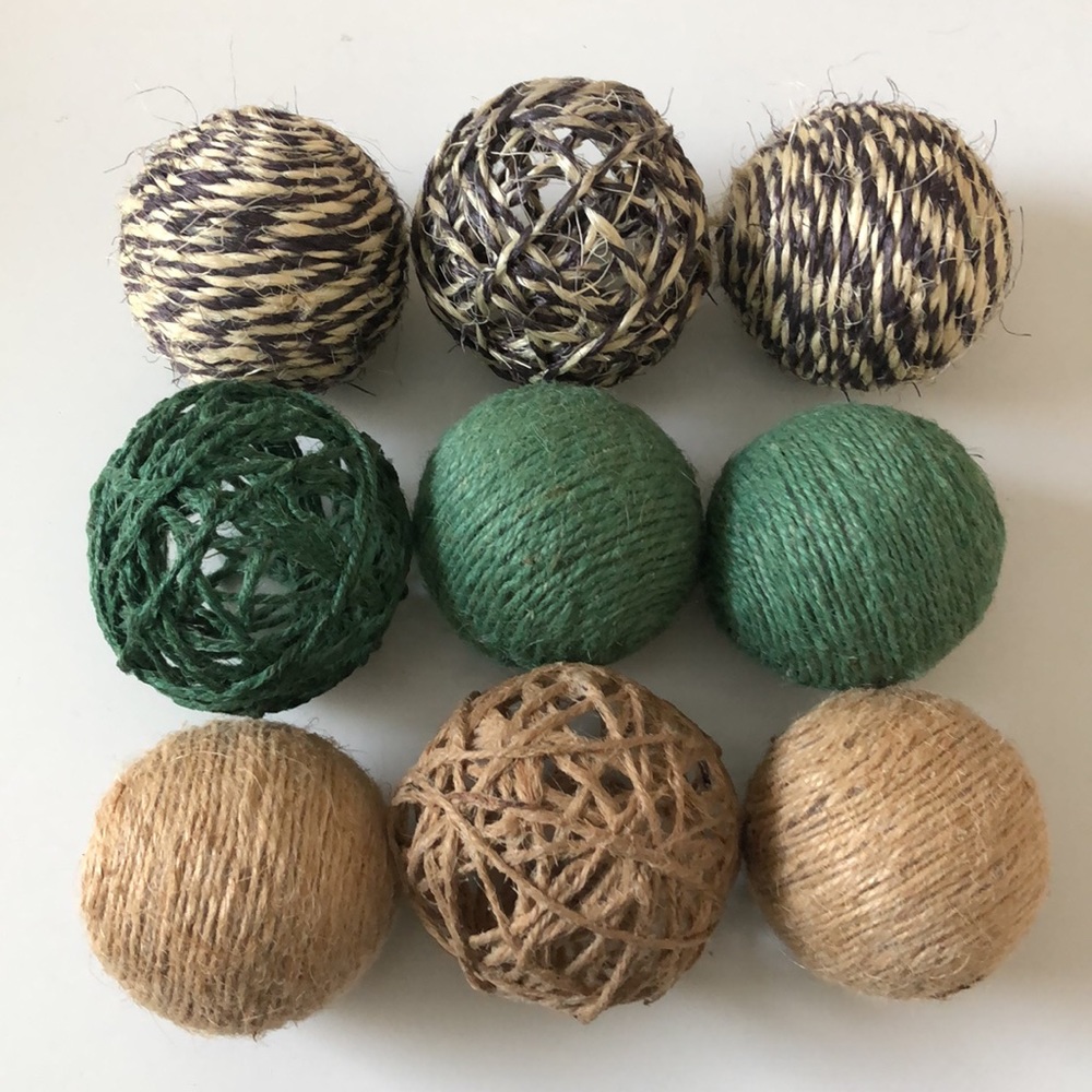 Set of 9 decorative twine balls. 3” diameter.